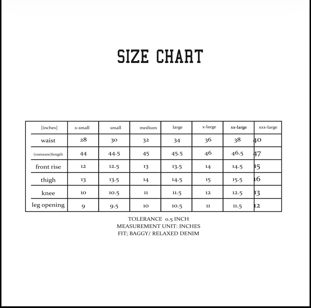 Denim size chart: measurements in inches from x-small through triple-x-large for waist, outseam length, front rise, thigh, knee, and leg opening.